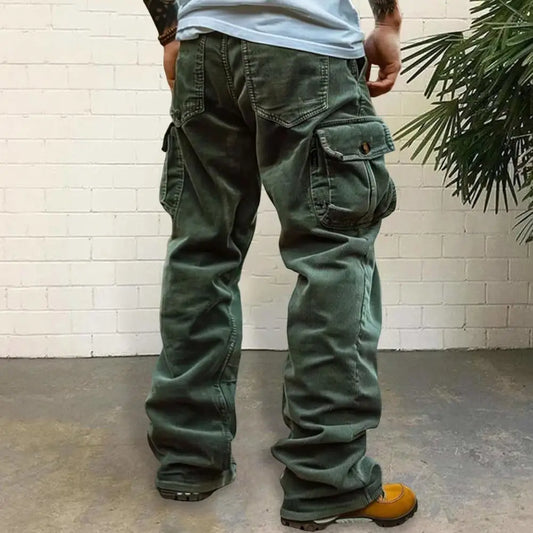 Cargo Pants for Men Retro Style Men's Corduroy Cargo Pants with Multiple Pockets Mid-rise Solid Color Trousers for Wear Long - Premium Kiosk