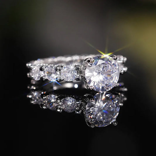 925 Sterling Silver Four Claw Cubic Zirconia Ring Round Inlaid White Zircon Ring for Women Engagement Wedding Jewelry Gift