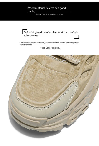 2025 Men's high-top thick-sole casual shoes versatile mixed material daddy sneakers outdoor tooling wear-resistant men's shoes
