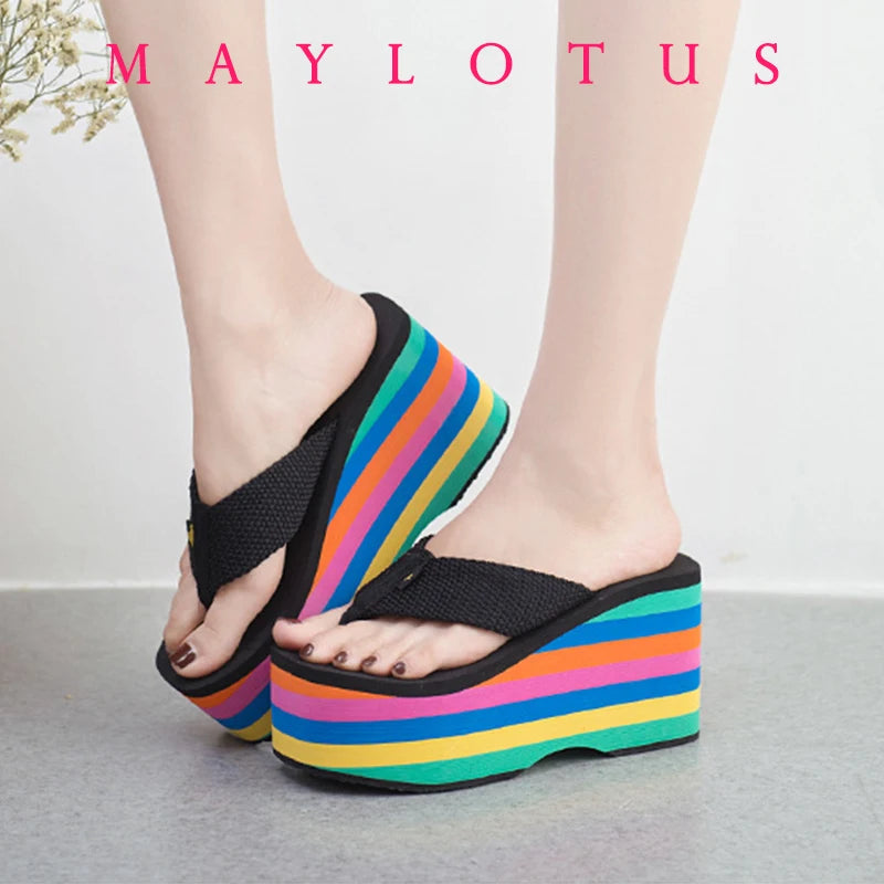 2025 Women Slippers High Heels Flip Flop Wedge Slippers Women Summer 10CM Heels Platform Slippers Flip Flops Womens Black Slides - Premium Kiosk