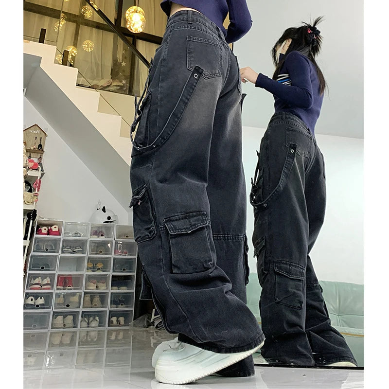 Women's Black  Baggy Cargo Jeans Harajuku Oversize Denim Trousers Y2k 90s Vintage 2000s  Jean Pants Trashy Clothes 2025 - Premium Kiosk