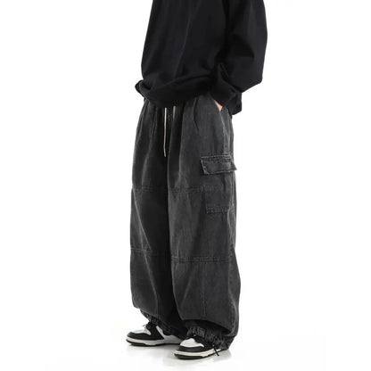 Y2k Black Baggy Cargo Jeans Trousers Men Streetwear Casual Hippie Jogging Wide leg Oversize Old Money Vintage Denim Pants - Premium Kiosk