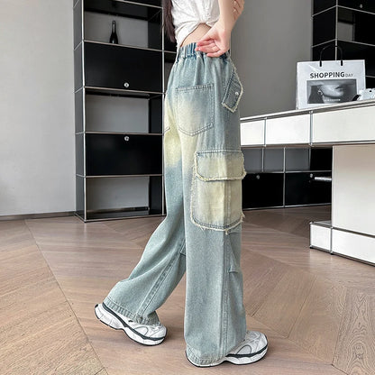 4-14 teen girls Jeans Summer Kids Cargo Pants Fashion casual versatile gradient Side Big Pocket Soft Thin denim wide leg pants - Premium Kiosk