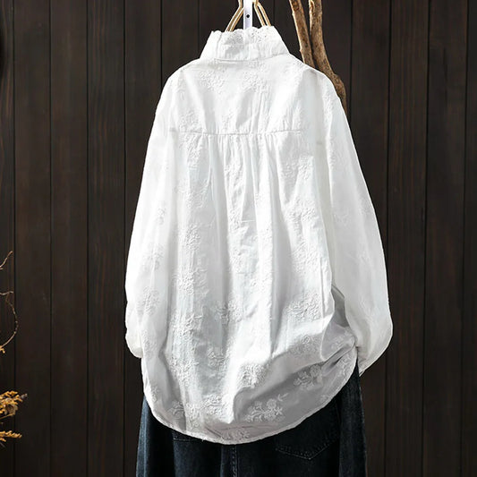 2025 Women's elegant blouse 100% cotton bohemian stand collar long sleeve white embroidery shirts female