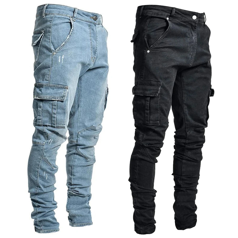 Street Elastic Jeans Men Denim Cargo Pants Wash Solid Color Multi Pockets Casual Mid Waist Trousers Slim Fit Daily Wear Joggers - Premium Kiosk
