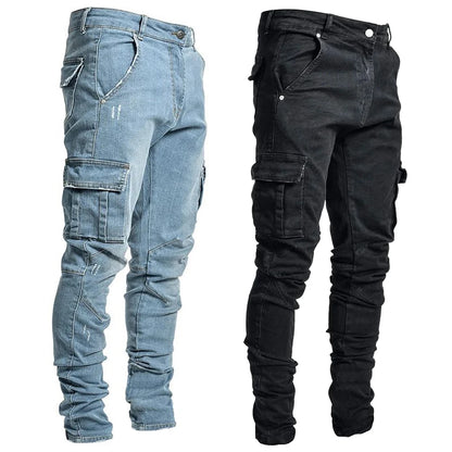Street Elastic Jeans Men Denim Cargo Pants Wash Solid Color Multi Pockets Casual Mid Waist Trousers Slim Fit Daily Wear Joggers - Premium Kiosk