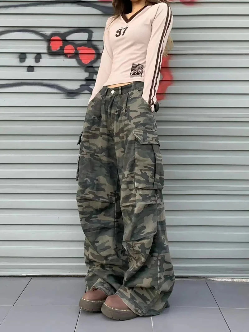 Women Y2K Camouflage Cargo Jeans Vintage High Waist Hip Hop Wide Leg Pants Female Street Wear Baggy Straight Denim Trouser - Premium Kiosk