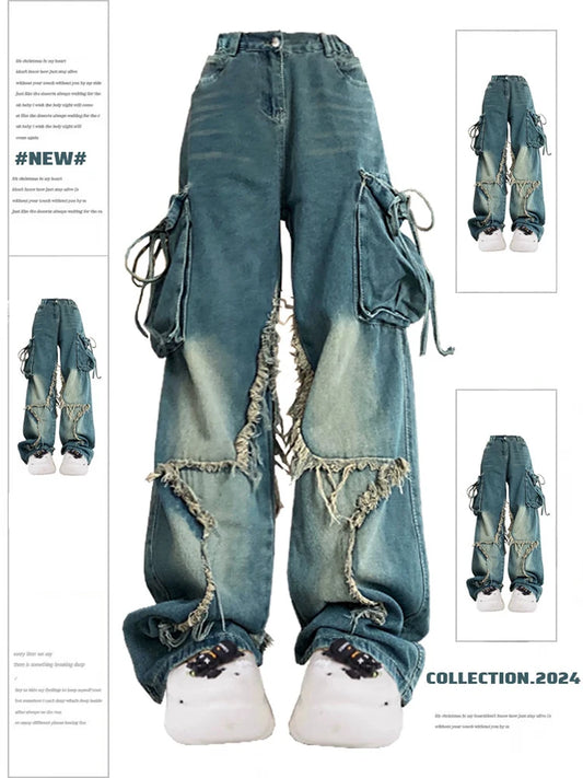 Women Blue Cargo Jeans Baggy Vintage 90s Aesthetic High Waist Cowboy Pants Harajuku Denim Trousers Y2k Trashy 2000s Clothes 2024 - Premium Kiosk