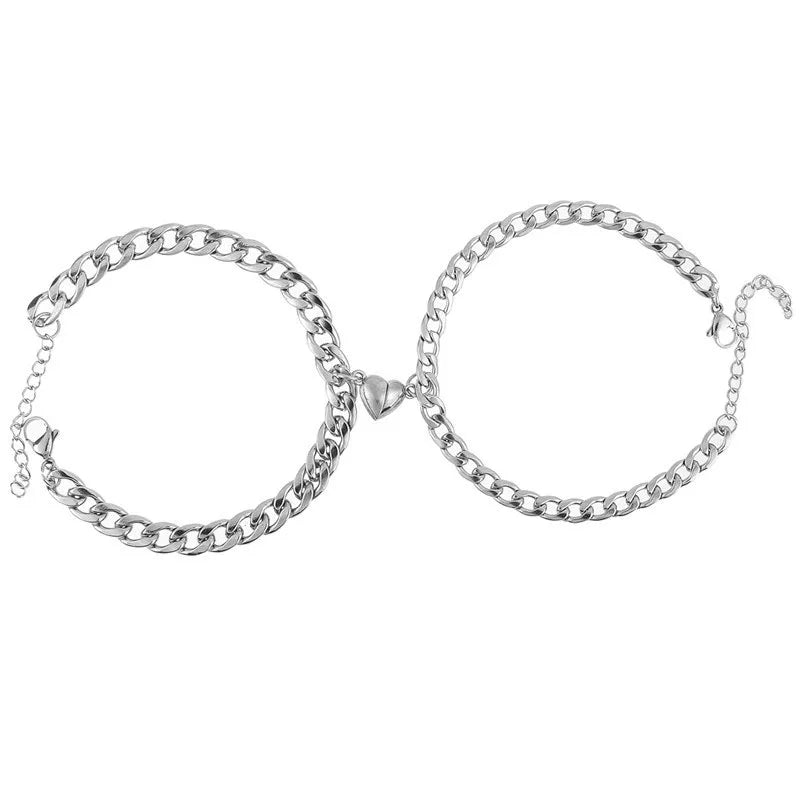 2Pcs/set Magnet Couple Bracelets Heart Attraction Bracelet Stainless Steel Charm Simple Cuban Chains Key Lock Jewelry Gifts