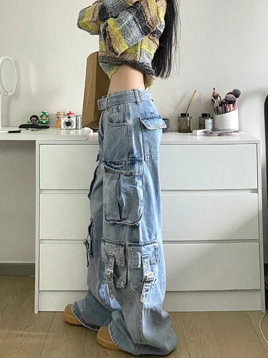Autumn Winter New Ladies Cargo Jeans American Street Style Baggy Cargo Pants Women Blue Multi-pocket Wide Leg Jeans for Women - Premium Kiosk