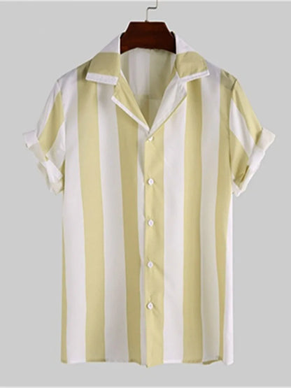 Men's striped casual shirt, summer beach casual loose-fitting short-sleeved shirt, summer daily commuting style travel shirt