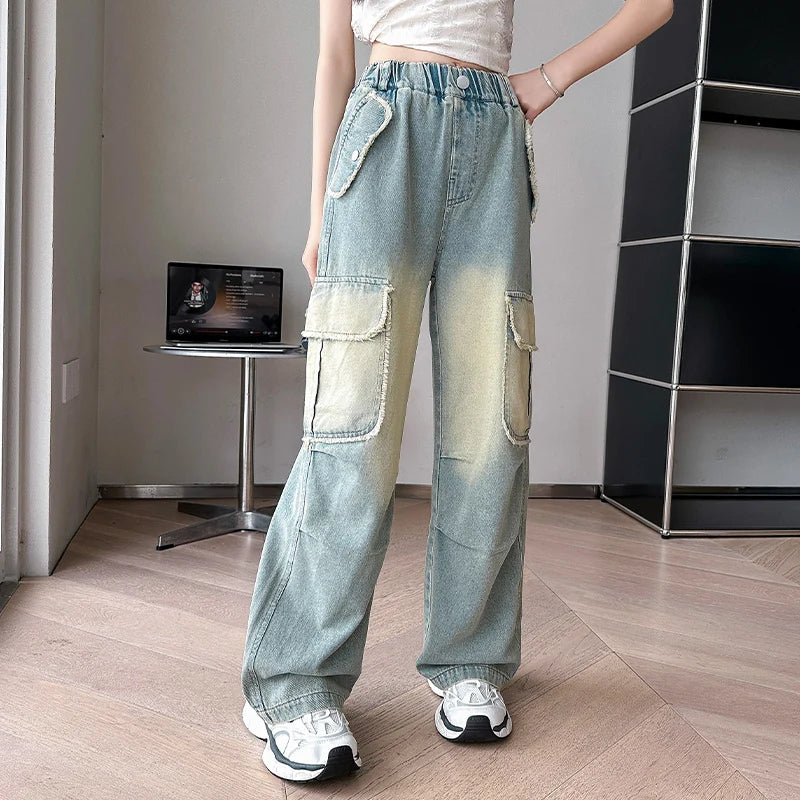 4-14 teen girls Jeans Summer Kids Cargo Pants Fashion casual versatile gradient Side Big Pocket Soft Thin denim wide leg pants - Premium Kiosk