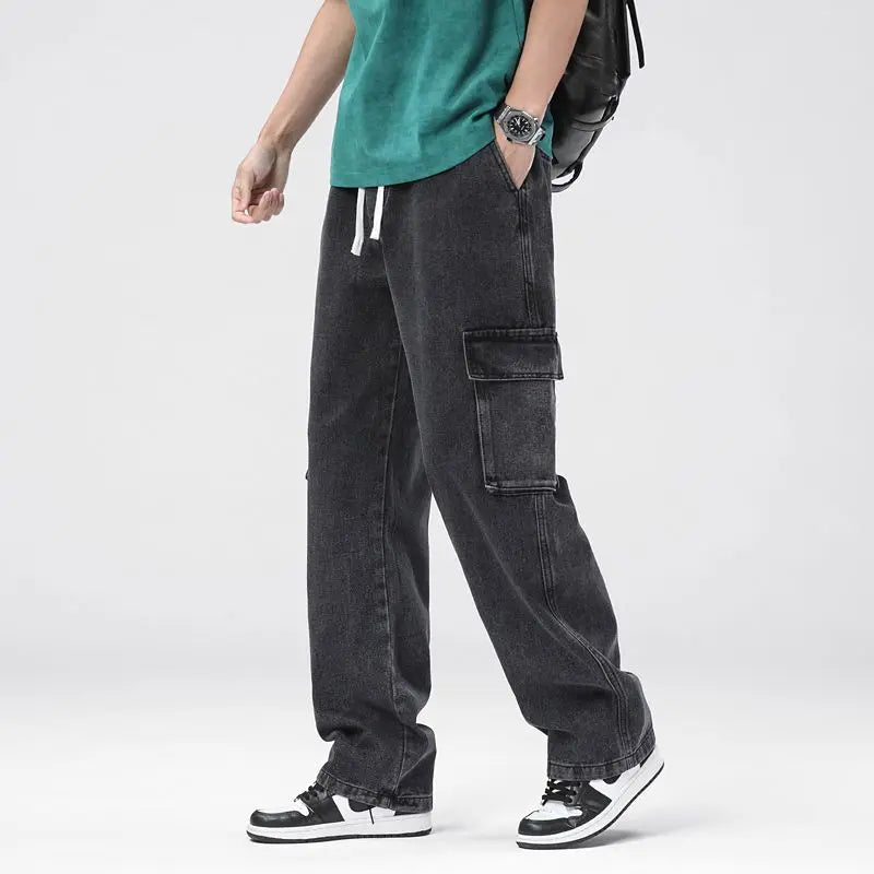 Men's Baggy Straight Cargo Jeans Elastic Waist Drawstring Casual Pants High Street Fashion Vintage Trousers Male Trendy Brand