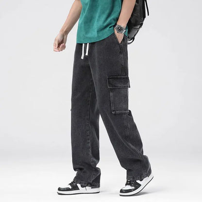 Men's Baggy Straight Cargo Jeans Elastic Waist Drawstring Casual Pants High Street Fashion Vintage Trousers Male Trendy Brand