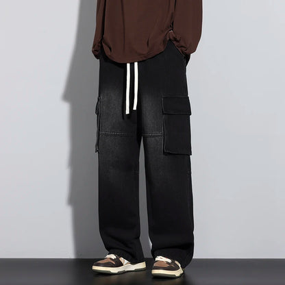 Men's Straight Cargo Jeans New Elastic Waist Multi-pockets Baggy Denim Pants Y2K Fashion Harajuku Streetwear Trousers Male - Premium Kiosk