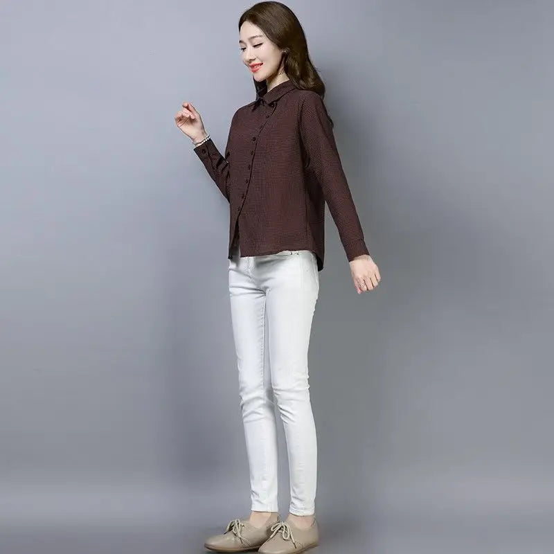 Women's Clothing  2022 Blouses Women Shirt thin Slim creative irregular Button turn-down collar lattice  spring summer leisure