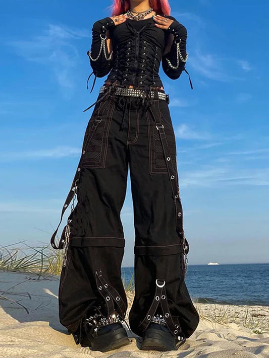 Women Cargo Jeans Striped Zipper Button Closure Loose Casual Trousers Streetwear with Pockets - Premium Kiosk