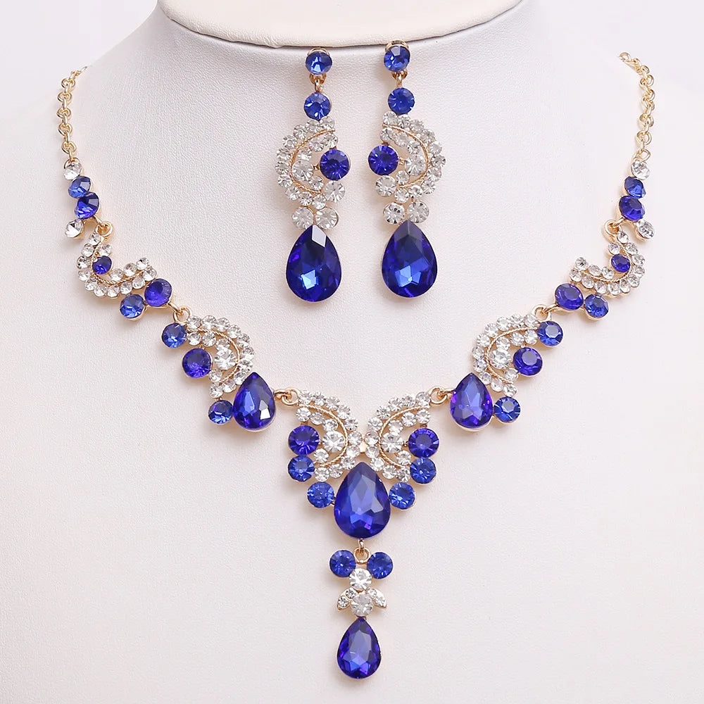 3pcs/set Princess Crown Bridal Jewelry Sets for Girls Water Drop Green Blue Red Crystal Tiaras Necklace Earrings New Jewelry Set
