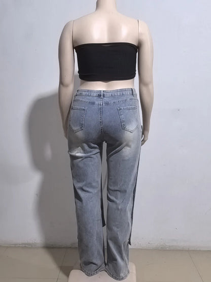 Women Streetwear Button Cutout Cargo Straight Denim Wide Leg Jeans Pants 2024 Elastic INS Fashion Party Cargo Trousers - Premium Kiosk