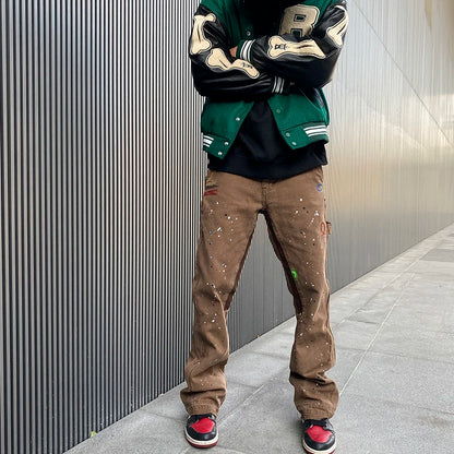 2023 Streetwear Graffiti Cargo Flared Jeans Khaki Black Splash Ink Wide Leg Denim Pant Hip Hop Cargo Trousers Jean Men - Premium Kiosk