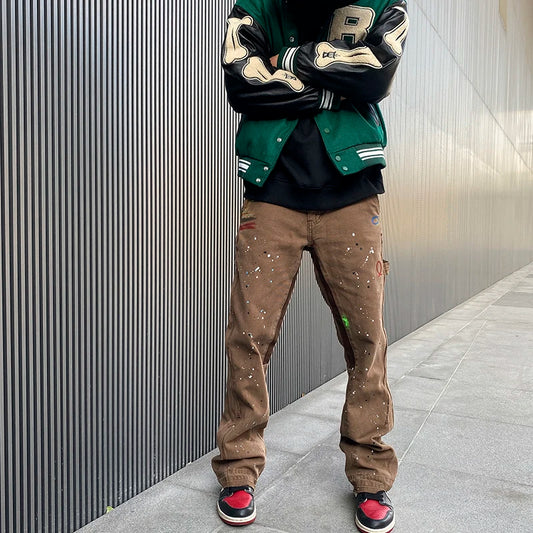 2023 Streetwear Graffiti Cargo Flared Jeans Khaki Black Splash Ink Wide Leg Denim Pant Hip Hop Cargo Trousers Jean Men - Premium Kiosk