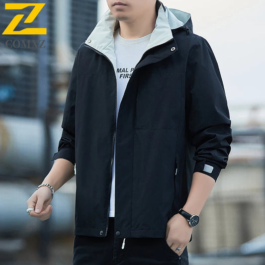 Jacket Men's 2025 Spring and Autumn Fashion Casual Waterproof Hooded Windbreaker Male Outdoor Camping Sports Solid Color Coat