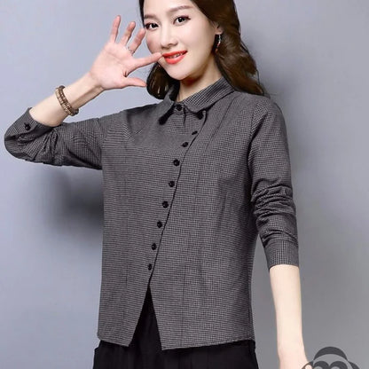 Women's Clothing  2022 Blouses Women Shirt thin Slim creative irregular Button turn-down collar lattice  spring summer leisure