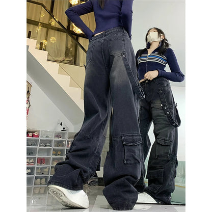 Women's Black  Baggy Cargo Jeans Harajuku Oversize Denim Trousers Y2k 90s Vintage 2000s  Jean Pants Trashy Clothes 2025 - Premium Kiosk
