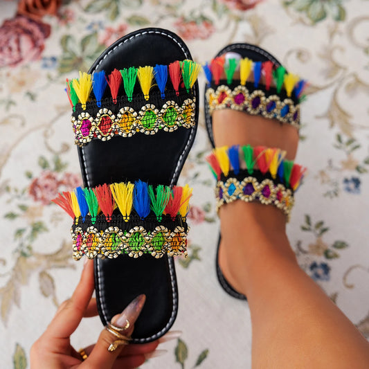 2025 New Women Slippers Casual Comfortable Beach Slippers Bohemia Style Flat Shoes Ladies Outdoor Fashion Sandals Slides Women - Premium Kiosk