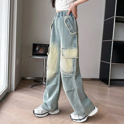 4-14 teen girls Jeans Summer Kids Cargo Pants Fashion casual versatile gradient Side Big Pocket Soft Thin denim wide leg pants - Premium Kiosk