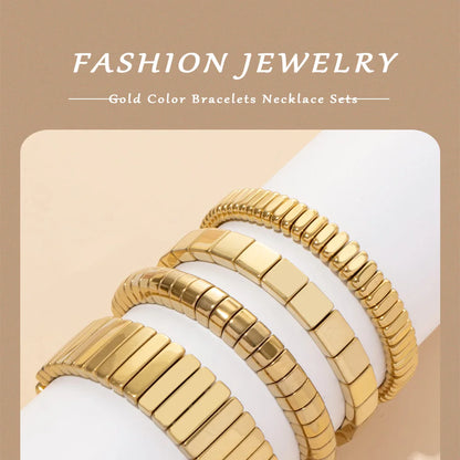 2024 New Design Golden Bracelets For Women Gold Color Hematite Beaded Elastic Bangle Sets Square Shape Beads Accessory