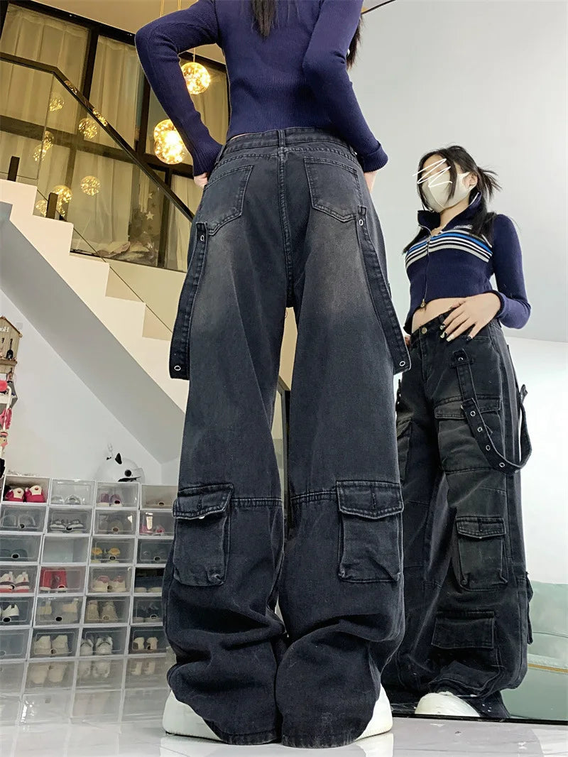 Women's Black  Baggy Cargo Jeans Harajuku Oversize Denim Trousers Y2k 90s Vintage 2000s  Jean Pants Trashy Clothes 2025 - Premium Kiosk