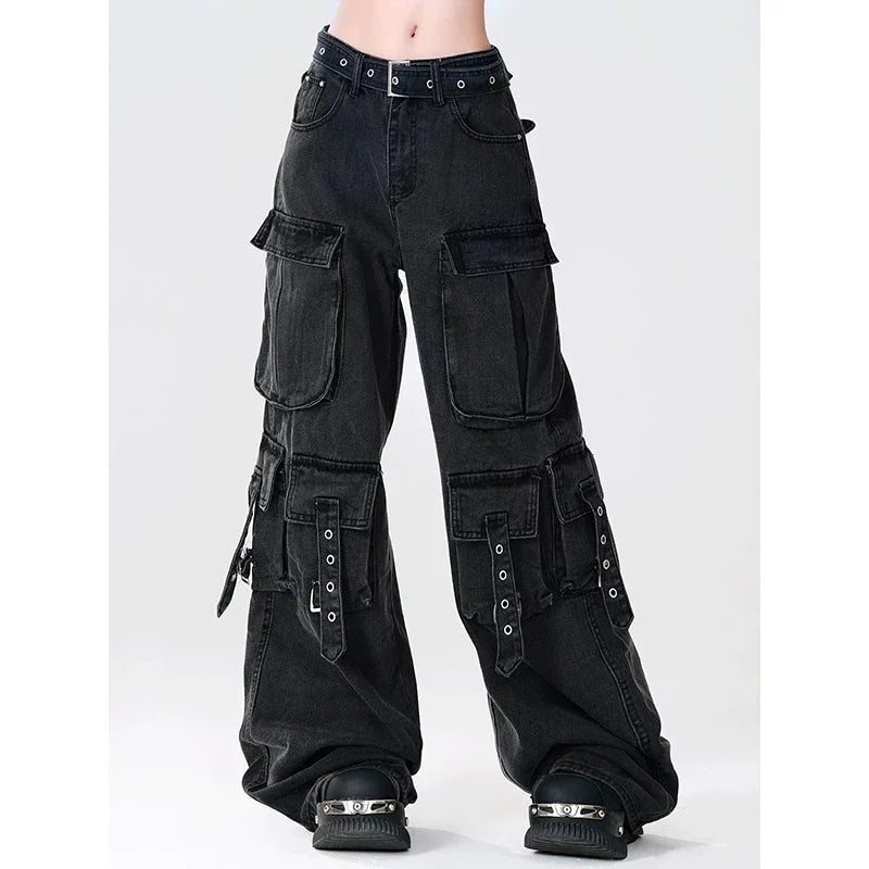 Y2K 2000S Black Cargo Jeans Women Vintage Streetwear Wide Leg Denim Pants Harajuku Aesthetic High Waist Baggy Straight Trousers - Premium Kiosk