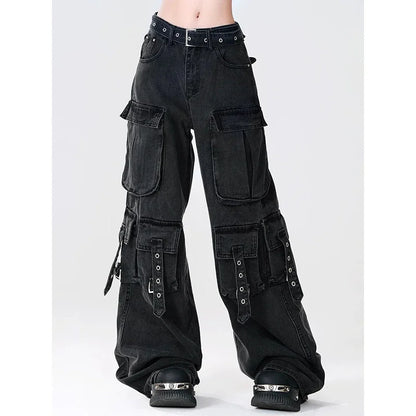 Y2K 2000S Black Cargo Jeans Women Vintage Streetwear Wide Leg Denim Pants Harajuku Aesthetic High Waist Baggy Straight Trousers - Premium Kiosk