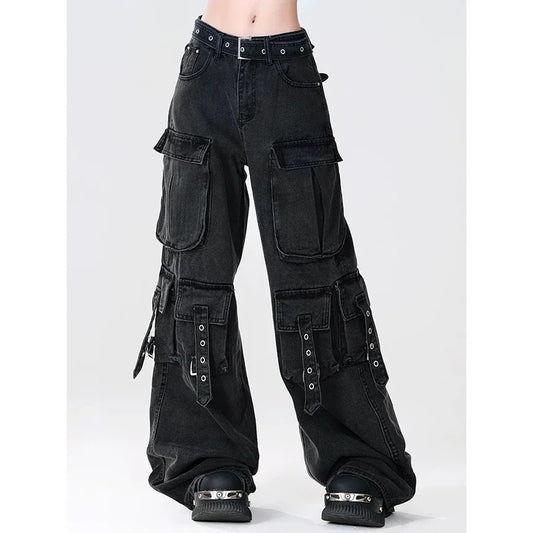 Y2K 2000S Black Cargo Jeans Women Vintage Streetwear Wide Leg Denim Pants Harajuku Aesthetic High Waist Baggy Straight Trousers - Premium Kiosk