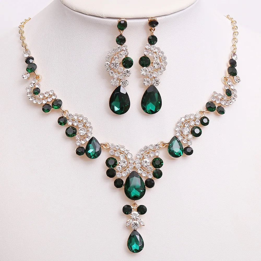3pcs/set Princess Crown Bridal Jewelry Sets for Girls Water Drop Green Blue Red Crystal Tiaras Necklace Earrings New Jewelry Set