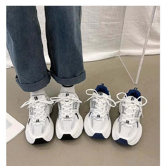 2025  Women's Dad Sneakers, Color-Block Thick-Sole Breathable White Sports Shoes, Casual Running