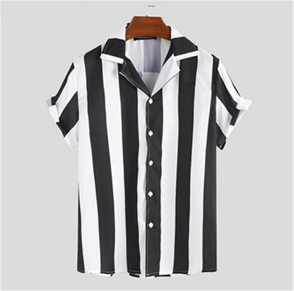 Men's striped casual shirt, summer beach casual loose-fitting short-sleeved shirt, summer daily commuting style travel shirt