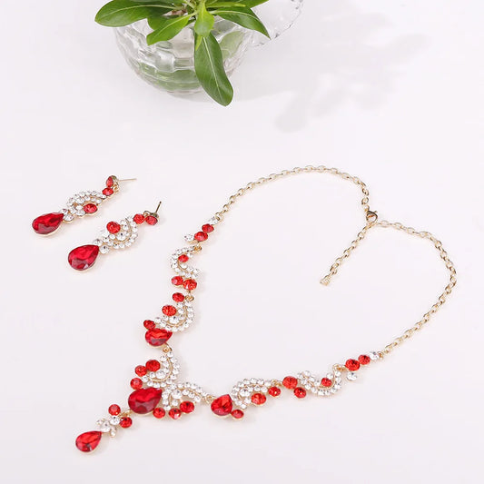 3pcs/set Princess Crown Bridal Jewelry Sets for Girls Water Drop Green Blue Red Crystal Tiaras Necklace Earrings New Jewelry Set