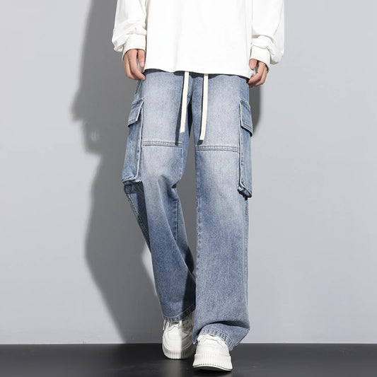 Men's Straight Cargo Jeans New Elastic Waist Multi-pockets Baggy Denim Pants Y2K Fashion Harajuku Streetwear Trousers Male