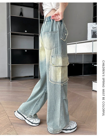 4-14 teen girls Jeans Summer Kids Cargo Pants Fashion casual versatile gradient Side Big Pocket Soft Thin denim wide leg pants - Premium Kiosk