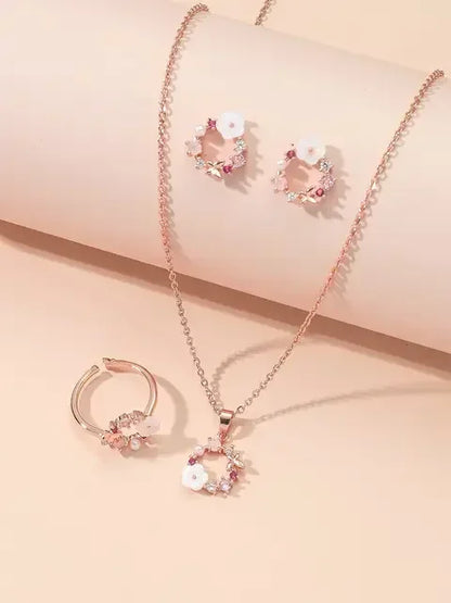4 Pieces Rose Gold-color Jewelry Set Lady Flower Necklace Ring Earrings Fashion Accessories Zircon Simple Ornate Exquisite