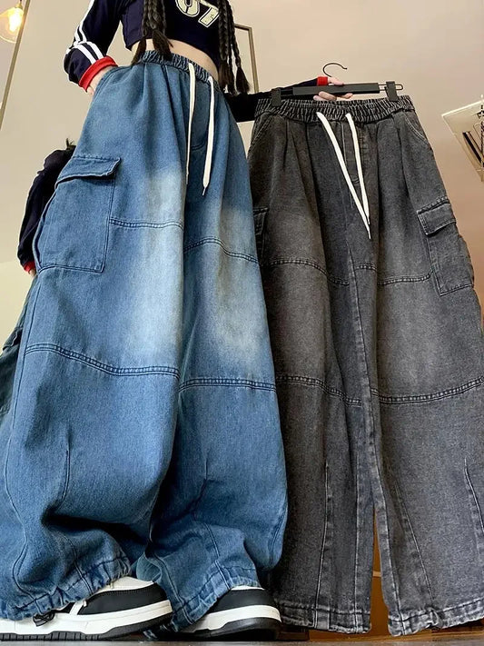 Cargo Jean Loose Wide Leg Workwear Jeans Elastic Waist Men and Women Spring Autumn Faion Brand Waed Out Trousers Straight Cut