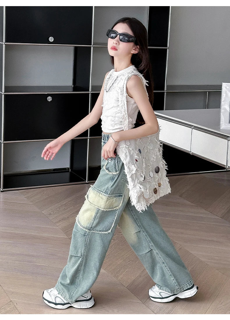 4-14 teen girls Jeans Summer Kids Cargo Pants Fashion casual versatile gradient Side Big Pocket Soft Thin denim wide leg pants - Premium Kiosk