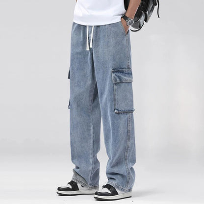 Men's Baggy Straight Cargo Jeans Elastic Waist Drawstring Casual Pants High Street Fashion Vintage Trousers Male Trendy Brand