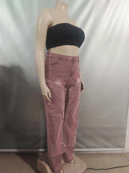 Women Streetwear Button Cutout Cargo Straight Denim Wide Leg Jeans Pants 2024 Elastic INS Fashion Party Cargo Trousers - Premium Kiosk