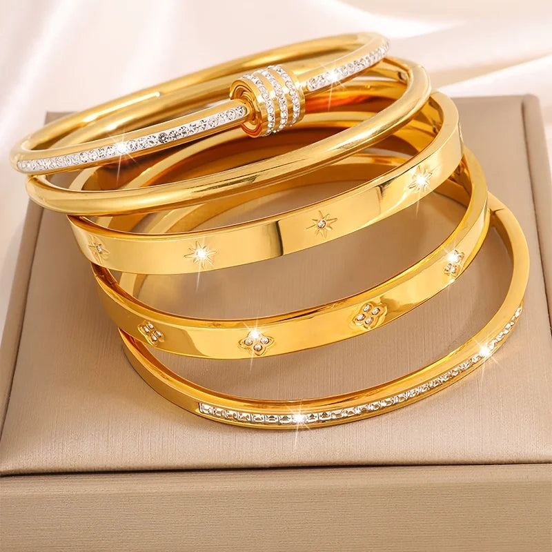 5-piece Women Bracelet Set - 18k Gold Plated Stainless Steel With Sparkling Rhinestone Embellishments Stackable Fashion Jewelry