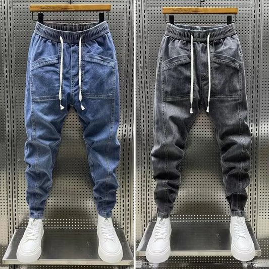 Elastic Waist Jeans Men's Elastic Drawstring Waist Denim Cargo Pants With Pockets Solid Color Harem Trousers For Spring Autumn - Premium Kiosk