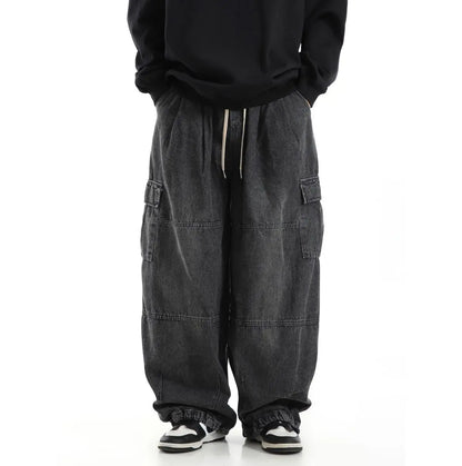 Y2k Black Baggy Cargo Jeans Trousers Men Streetwear Casual Hippie Jogging Wide leg Oversize Old Money Vintage Denim Pants - Premium Kiosk