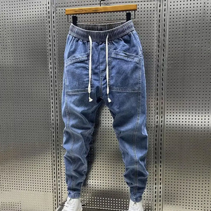 Elastic Waist Jeans Men's Elastic Drawstring Waist Denim Cargo Pants With Pockets Solid Color Harem Trousers For Spring Autumn - Premium Kiosk